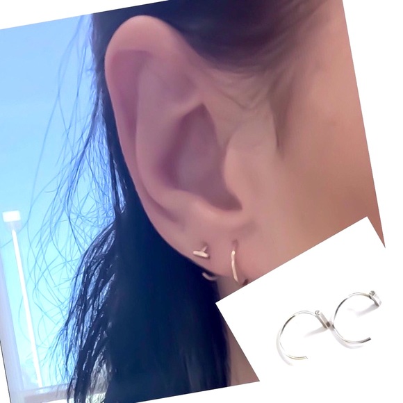 RESTOCKED! Tiny Cute Bar End Hug Half Hoop Threader Earrings Ear Jackets - Picture 2 of 12